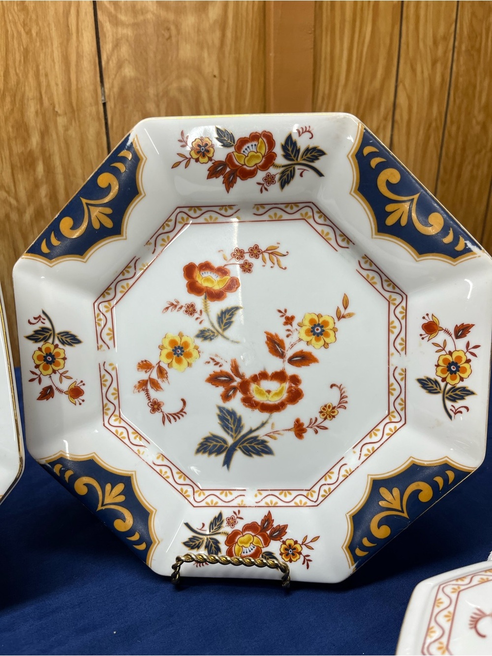 Octagonal Floral Decorative Dinner Plate - Blue, Gold, Rust 3 dinner plates